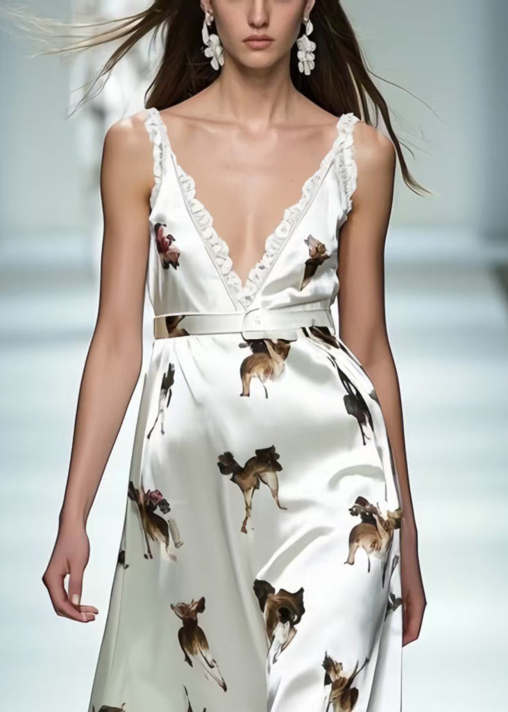 Classy White Print Draping Silk Cami Dresses Summer