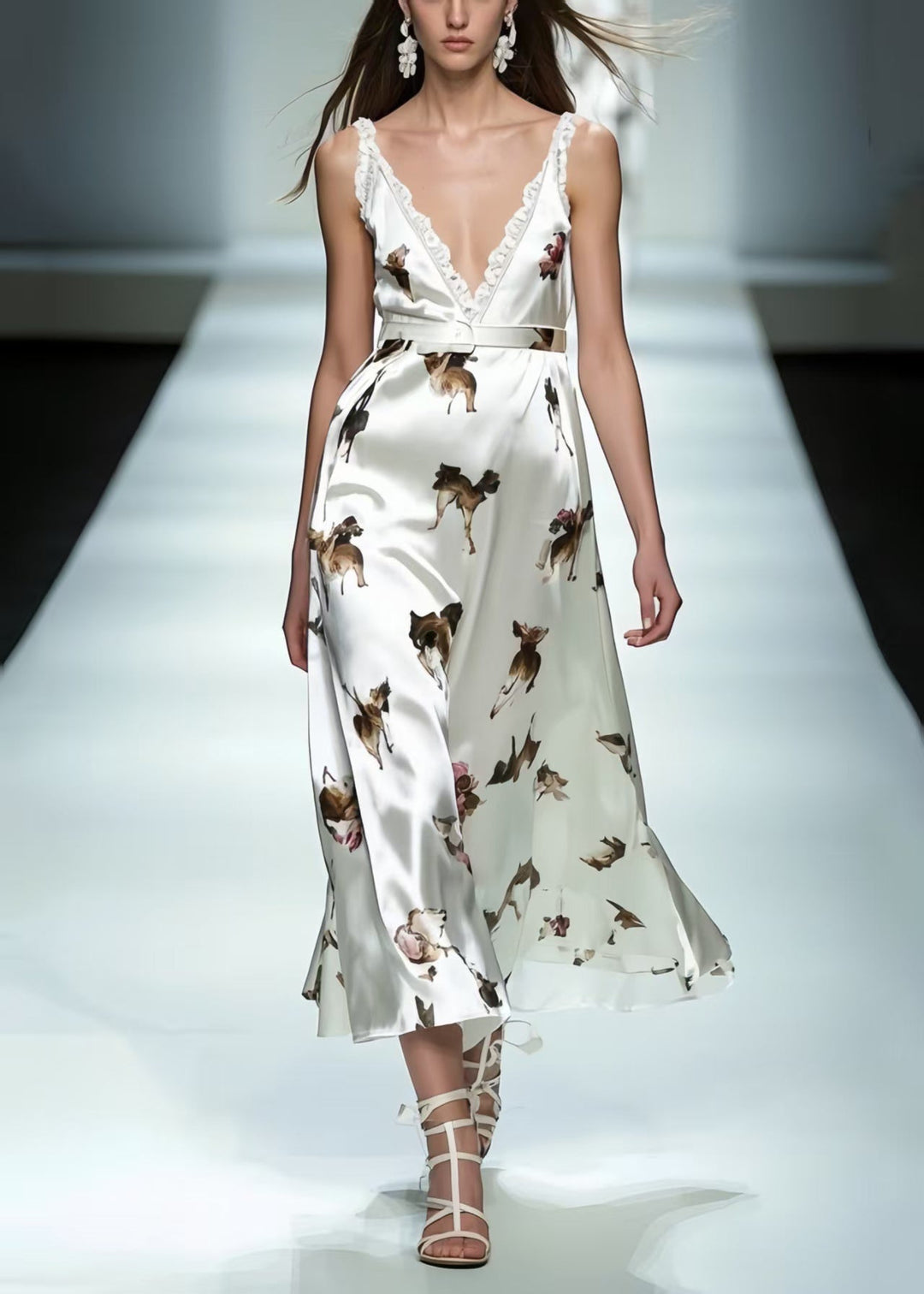 Classy White Print Draping Silk Cami Dresses Summer