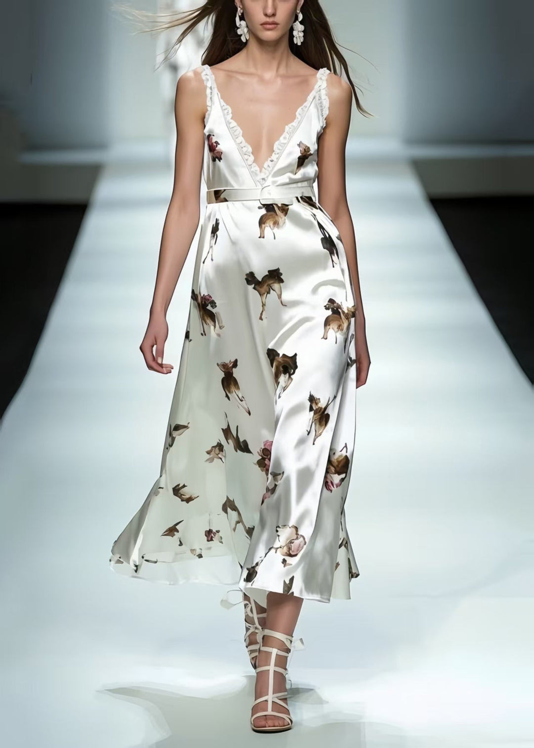 Classy White Print Draping Silk Cami Dresses Summer