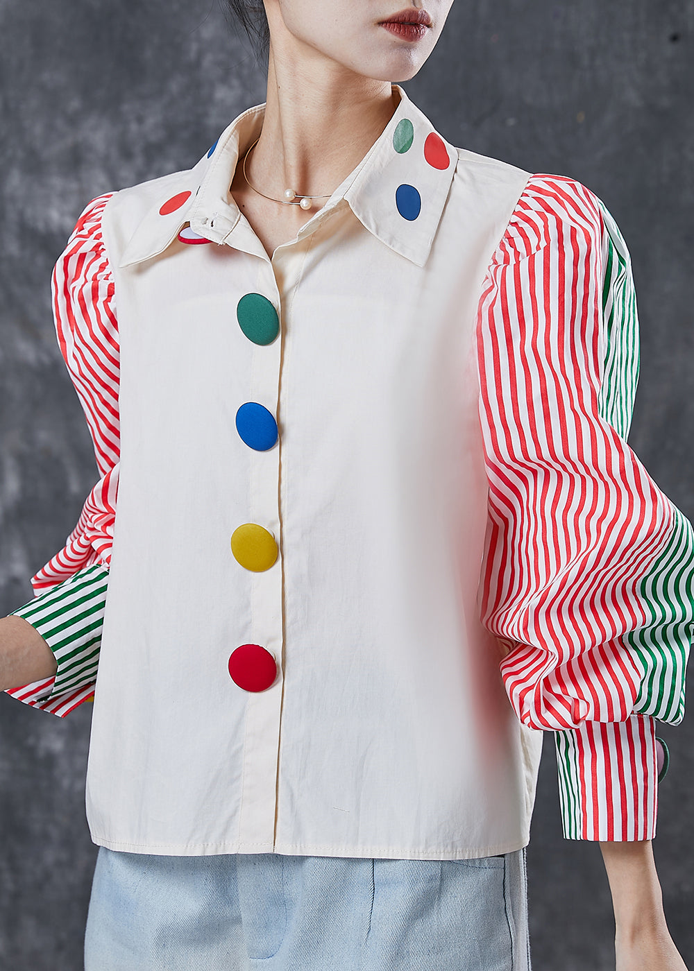 Classy White Puff Sleeve Patchwork Striped Cotton Blouses Spring