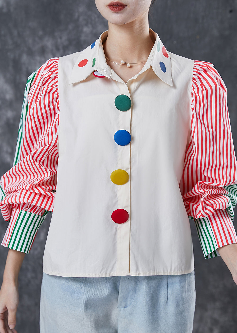 Classy White Puff Sleeve Patchwork Striped Cotton Blouses Spring