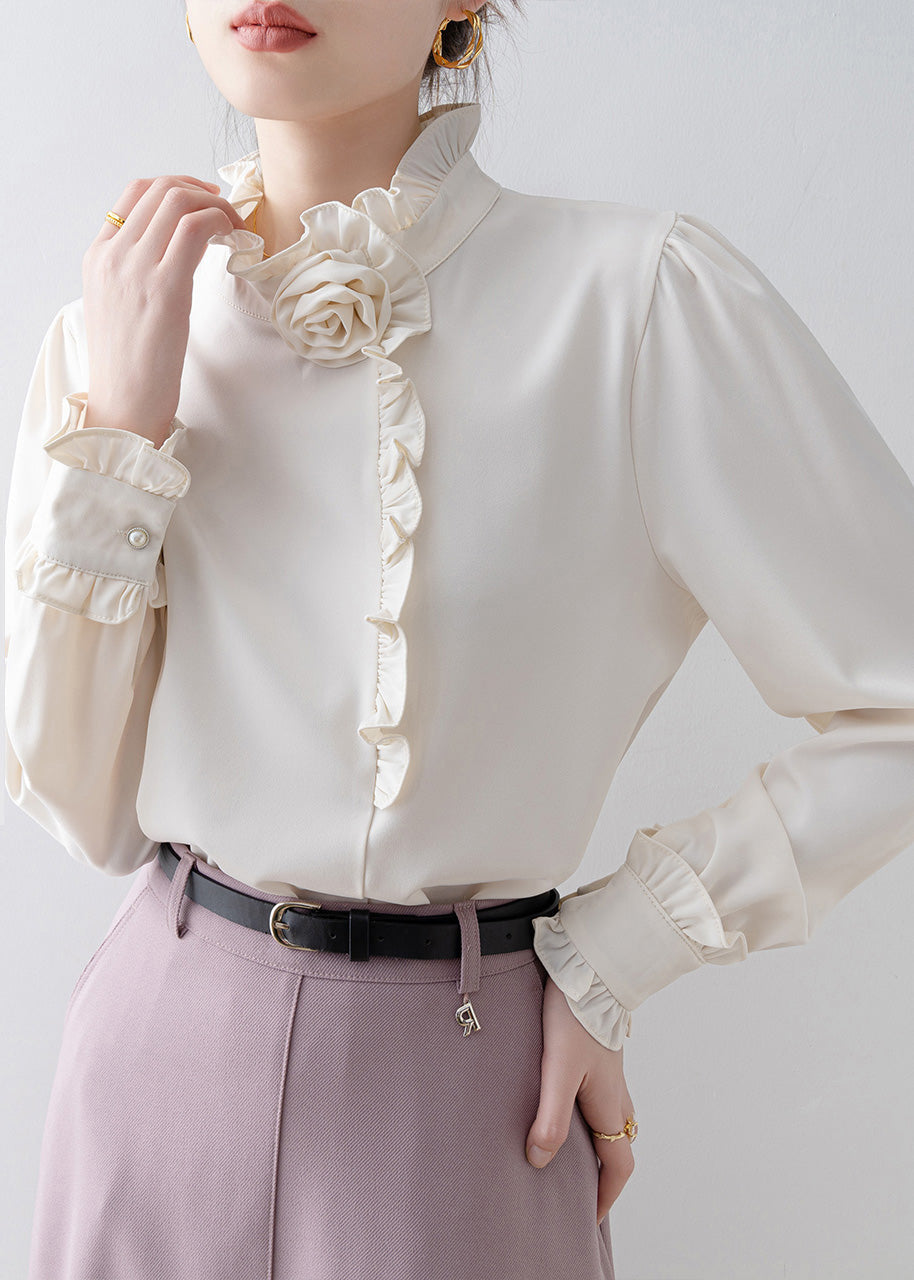 Classy White Ruffled Floral Chiffon Shirt Top Spring