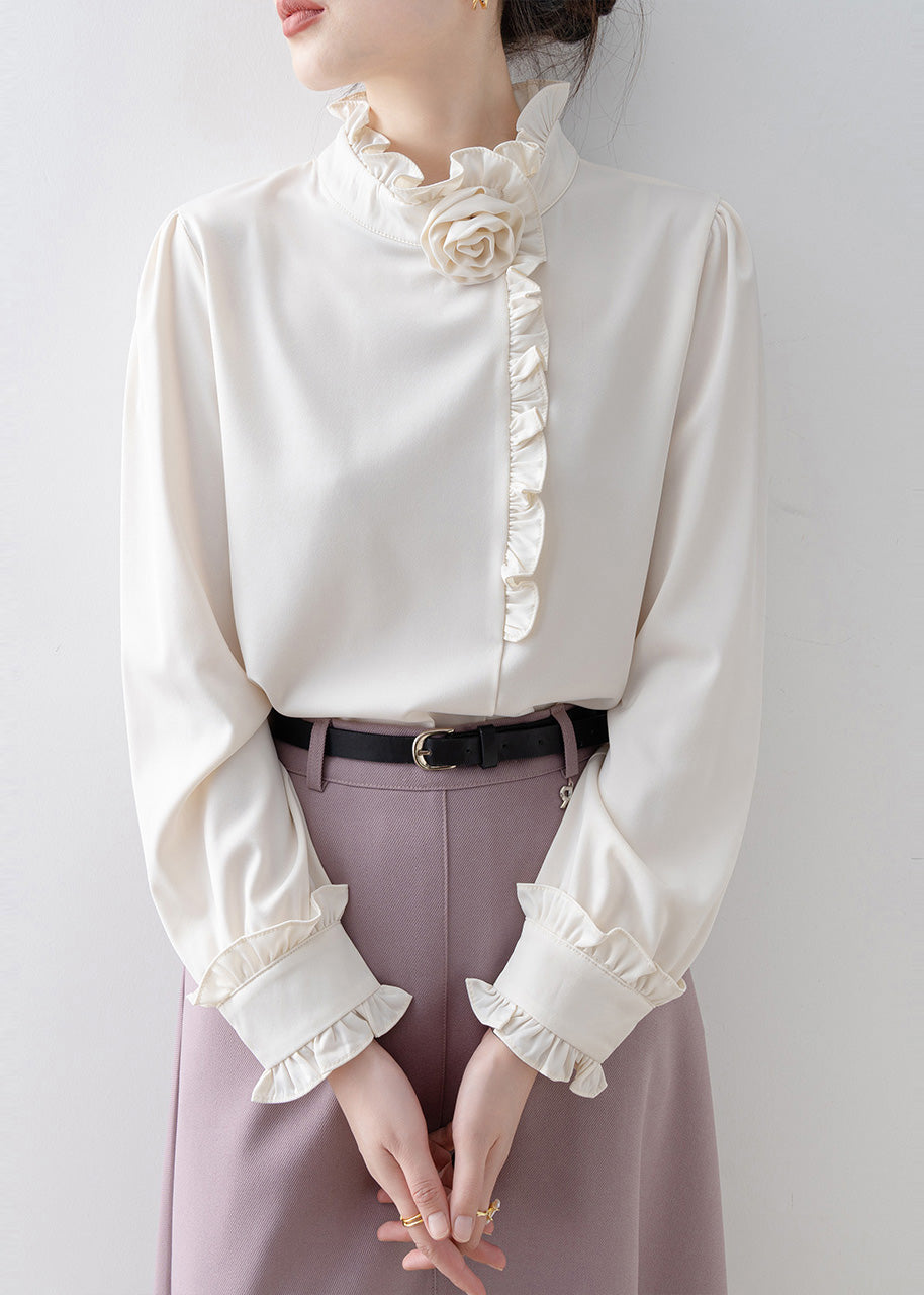 Classy White Ruffled Floral Chiffon Shirt Top Spring