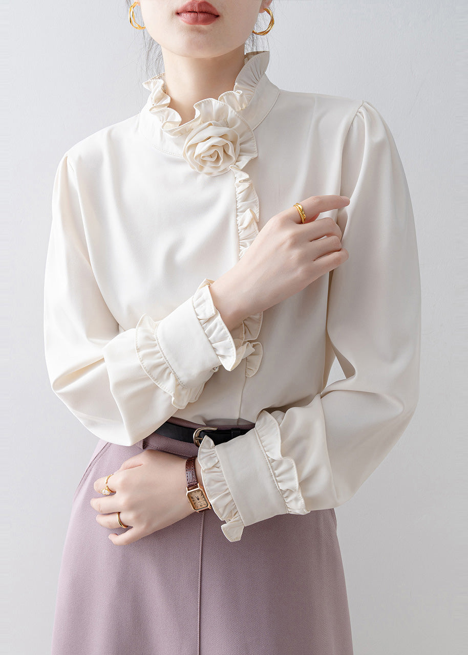 Classy White Ruffled Floral Chiffon Shirt Top Spring