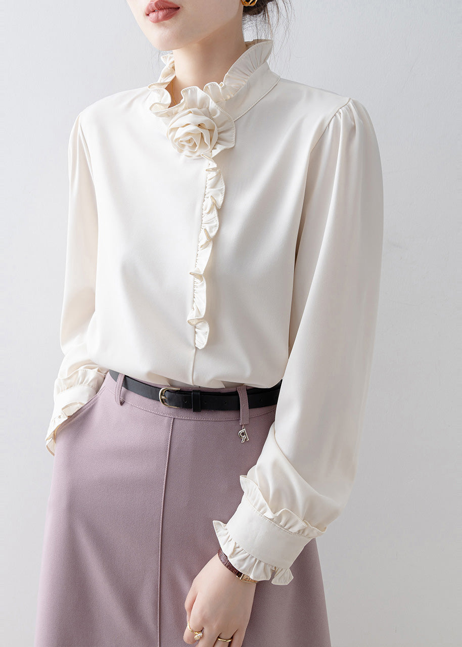 Classy White Ruffled Floral Chiffon Shirt Top Spring