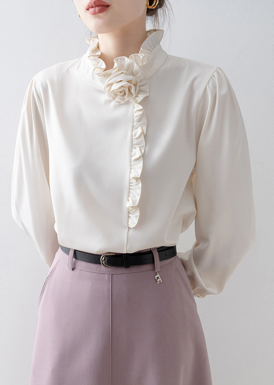 Classy White Ruffled Floral Chiffon Shirt Top Spring