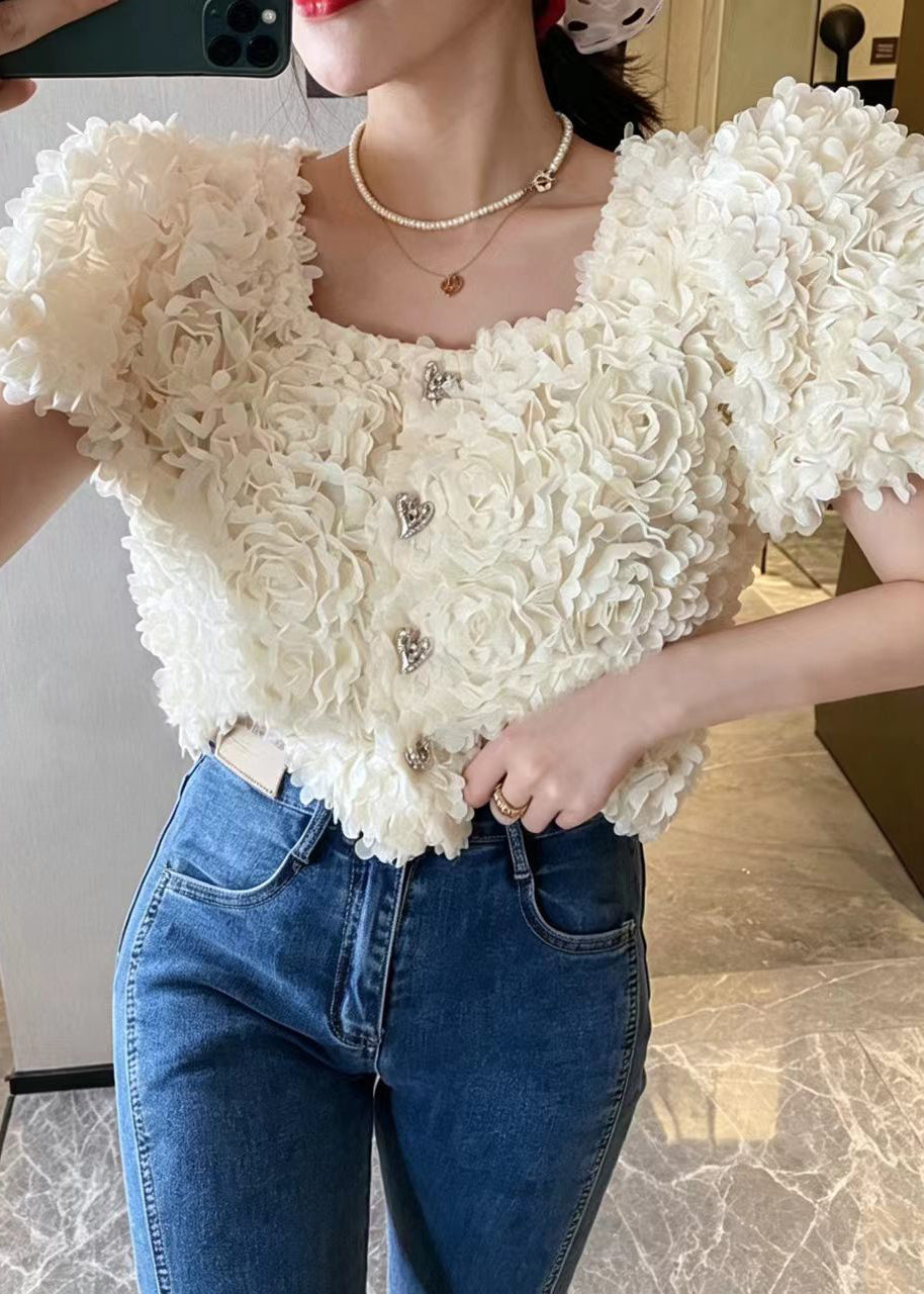 Classy White Square Collar Stereoscopic Floral Chiffon Shirt Top Summer