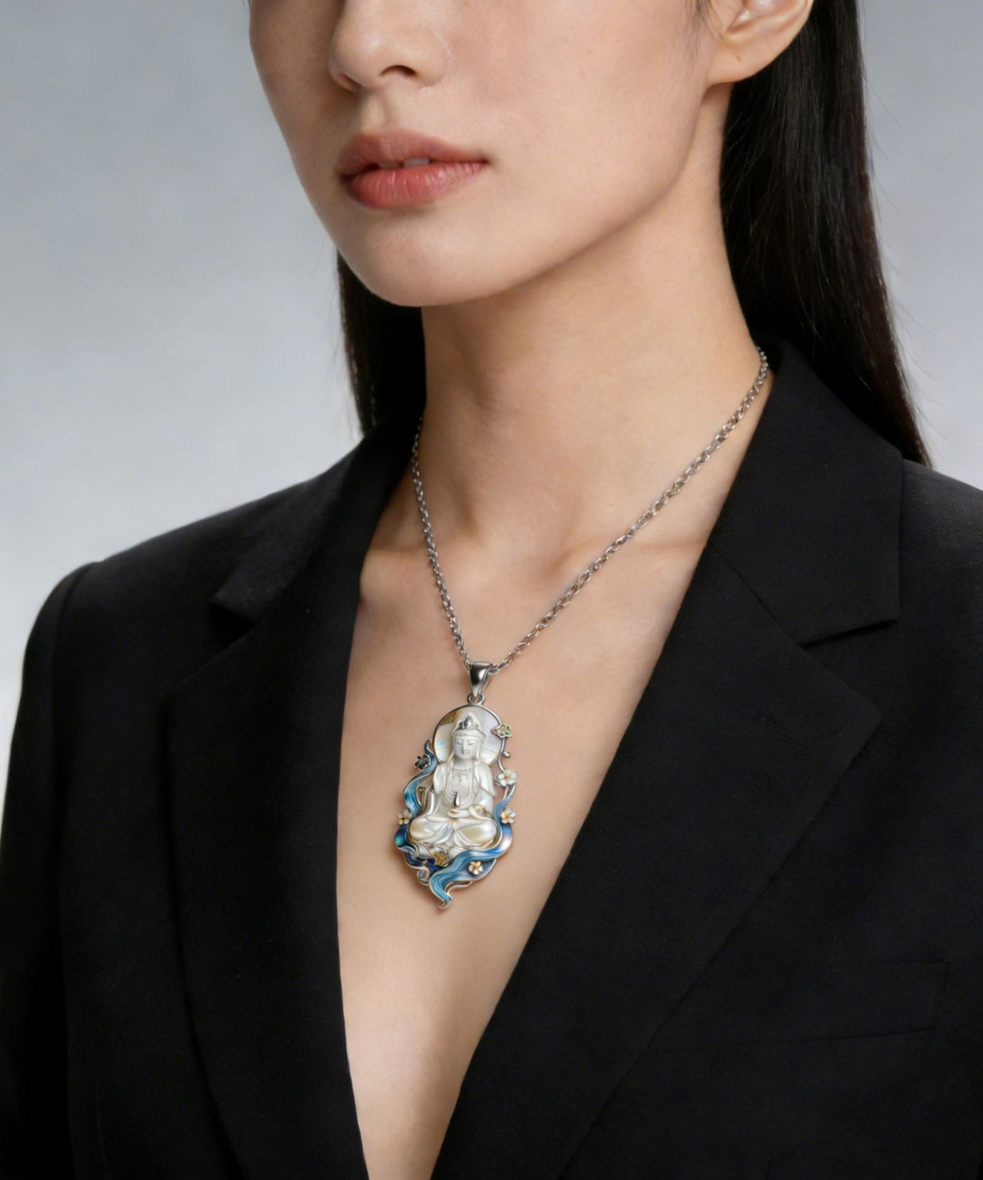 Classy White Stainless Steel Enamel Guanyin Pendant Necklace