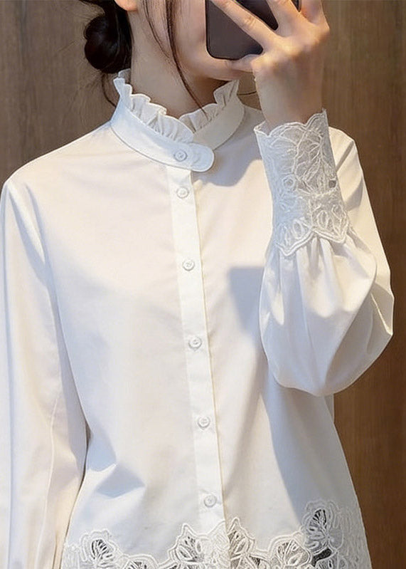 Classy White Stand Collar Hollow Out Solid Shirts Fall