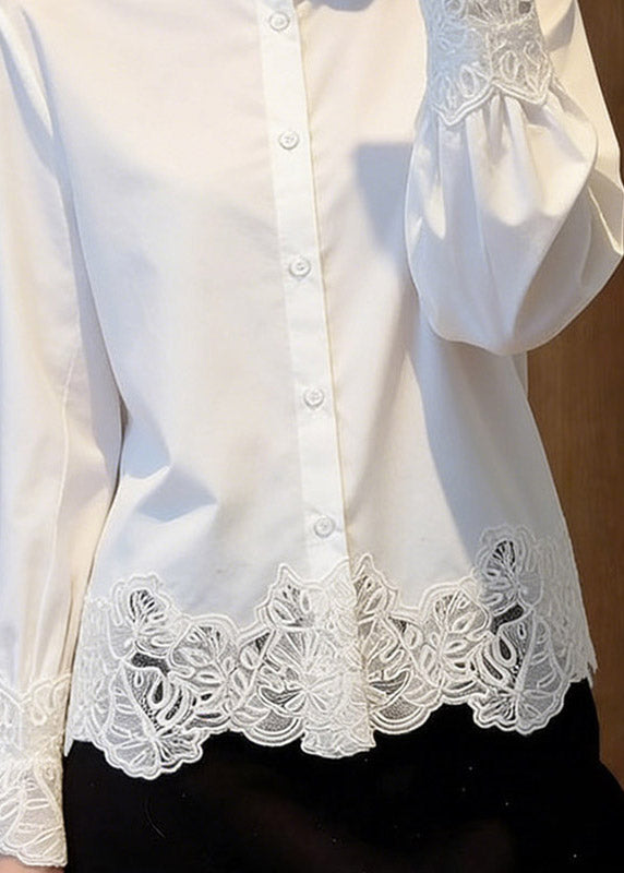 Classy White Stand Collar Hollow Out Solid Shirts Fall