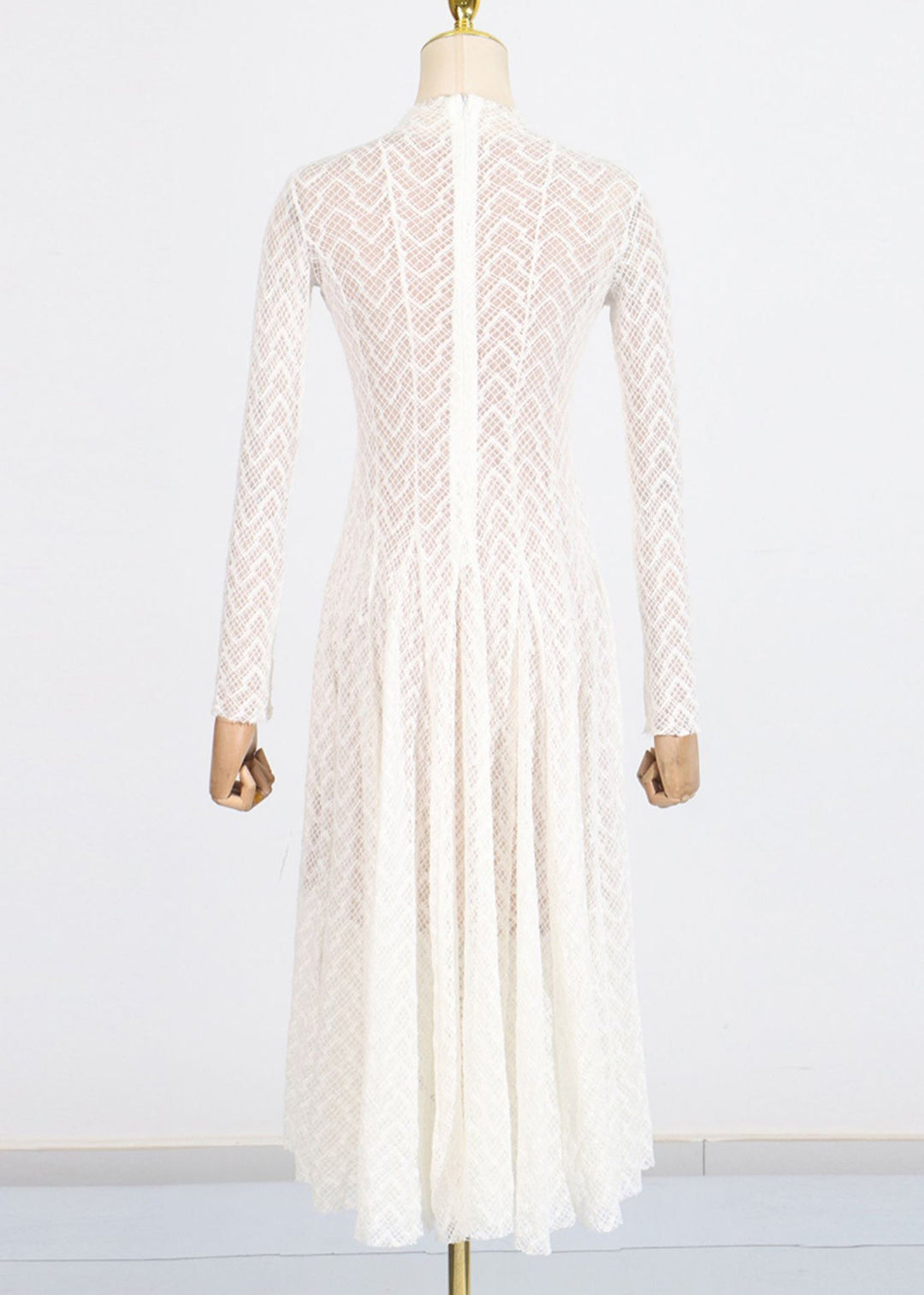 Classy White Stand Collar Wrinkled Lace Long Dresses Fall