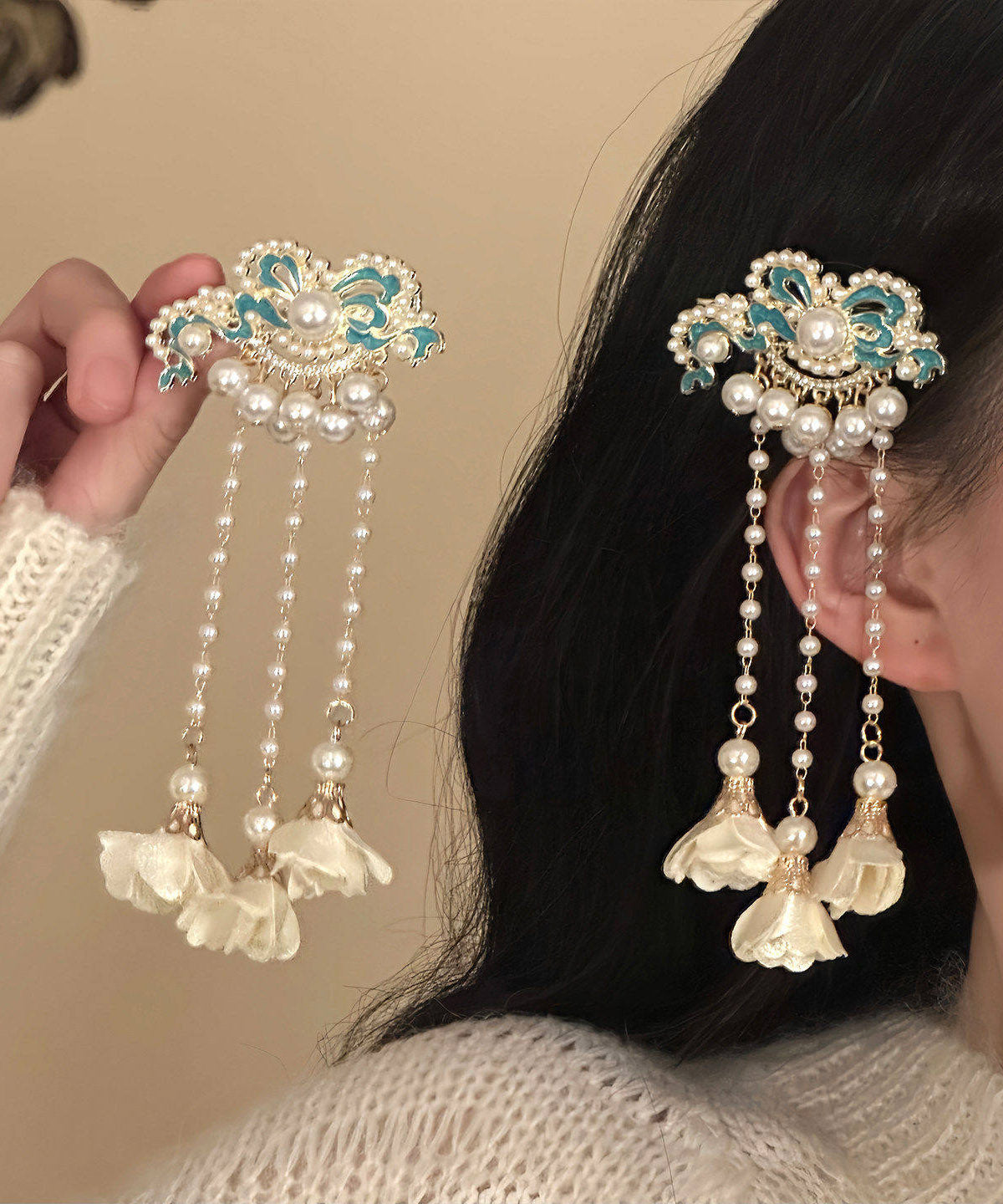 Classy White Sterling Silver Overgild Enameling Floral Tassel A Pair Hairpin - Omychic