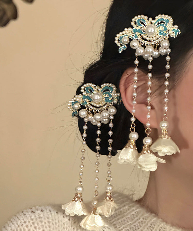 Classy White Sterling Silver Overgild Enameling Floral Tassel A Pair Hairpin - Omychic
