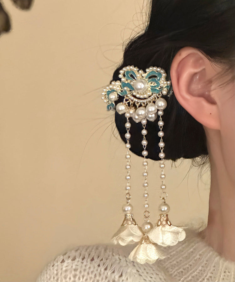 Classy White Sterling Silver Overgild Enameling Floral Tassel A Pair Hairpin - Omychic
