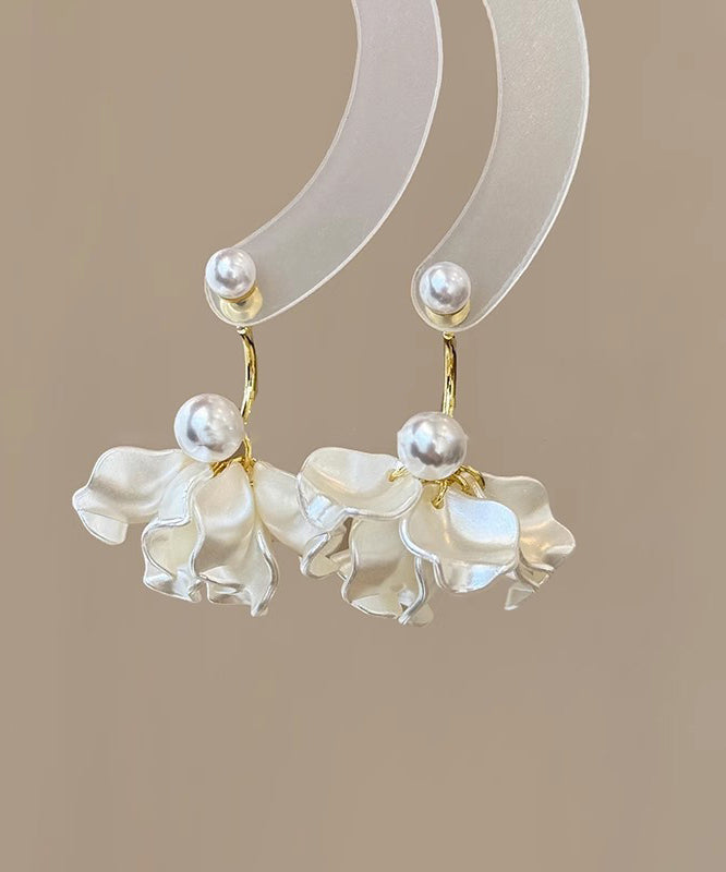 Classy White Sterling Silver Overgild Pearl Floral Drop Earrings