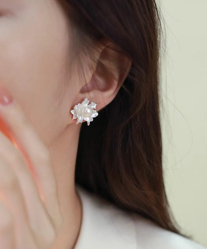 Classy White Sterling Silver Pearl Dripping Glaze Floral Stud Earrings