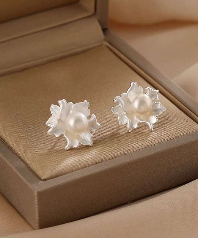 Classy White Sterling Silver Pearl Dripping Glaze Floral Stud Earrings