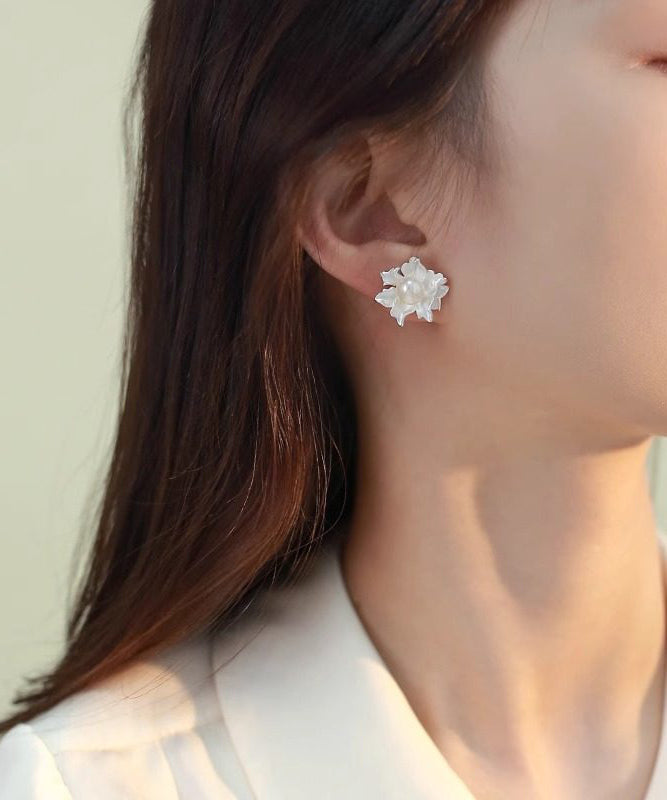 Classy White Sterling Silver Pearl Dripping Glaze Floral Stud Earrings