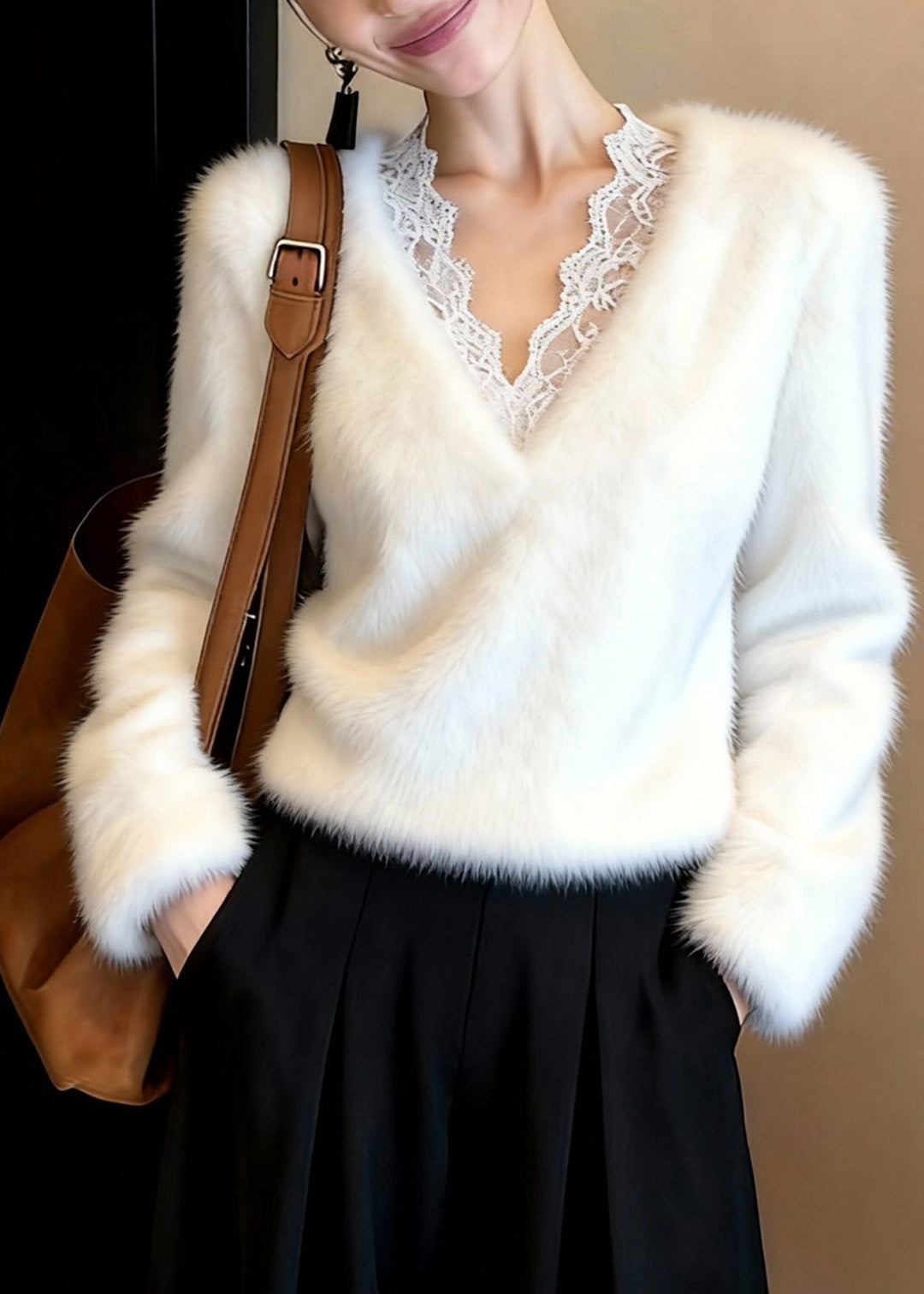 Classy White V Neck Patchwork Mink Hair Knitted Sweater Tops Winter - Omychic