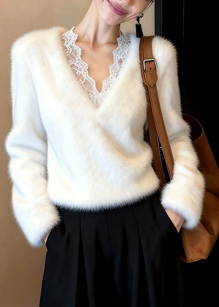 Classy White V Neck Patchwork Mink Hair Knitted Sweater Tops Winter - Omychic
