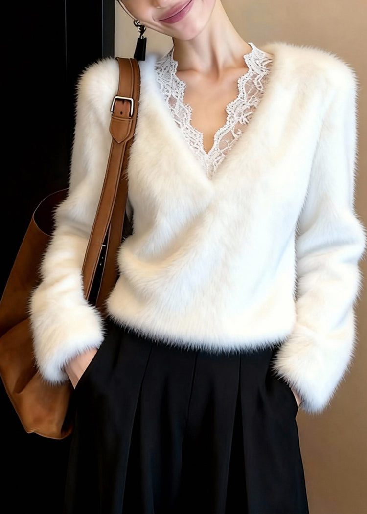 Classy White V Neck Patchwork Mink Hair Knitted Sweater Tops Winter - Omychic