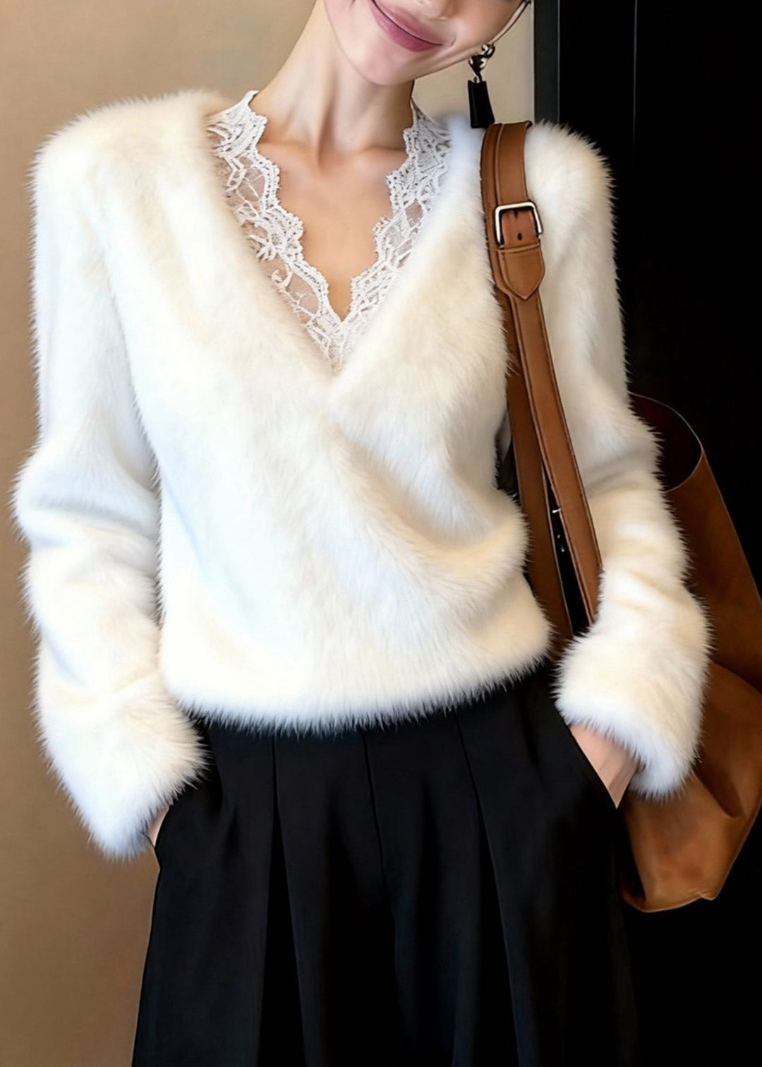 Classy White V Neck Patchwork Mink Hair Knitted Sweater Tops Winter - Omychic