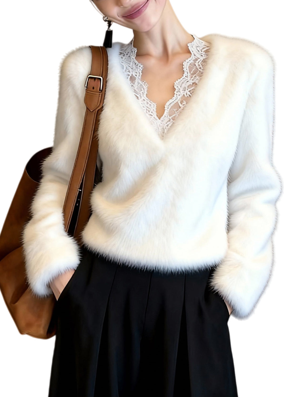Classy White V Neck Patchwork Mink Hair Knitted Sweater Tops Winter - Omychic