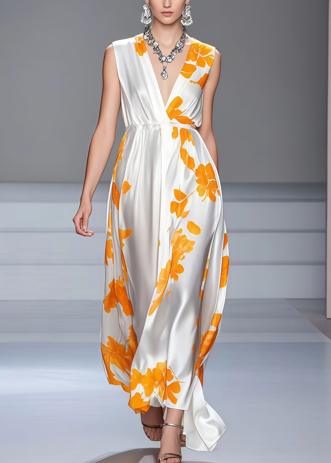 Classy White V Neck Print Silk Long Dress Sleeveless