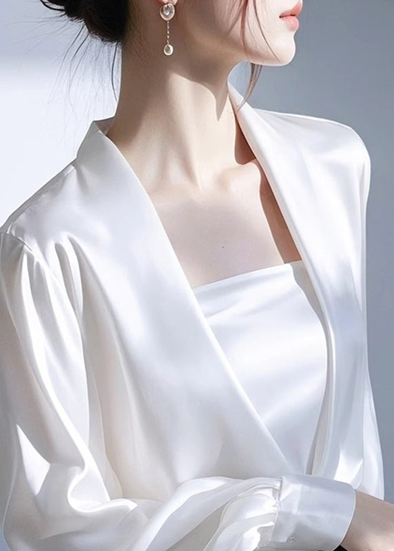 Classy White V Neck Solid Satin Shirt Spring