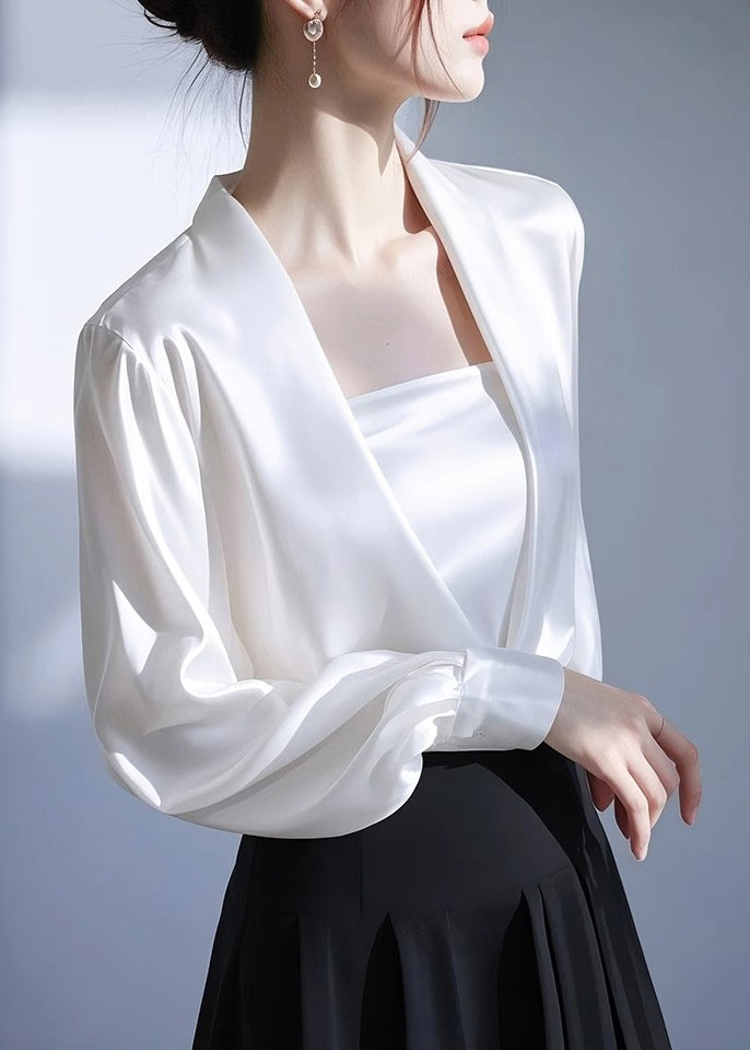 Classy White V Neck Solid Satin Shirt Spring