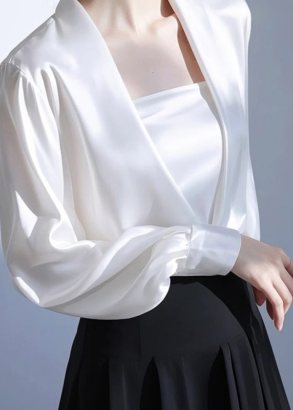 Classy White V Neck Solid Satin Shirt Spring