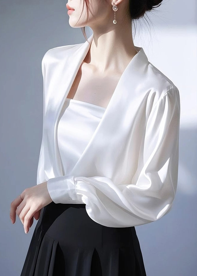 Classy White V Neck Solid Satin Shirt Spring