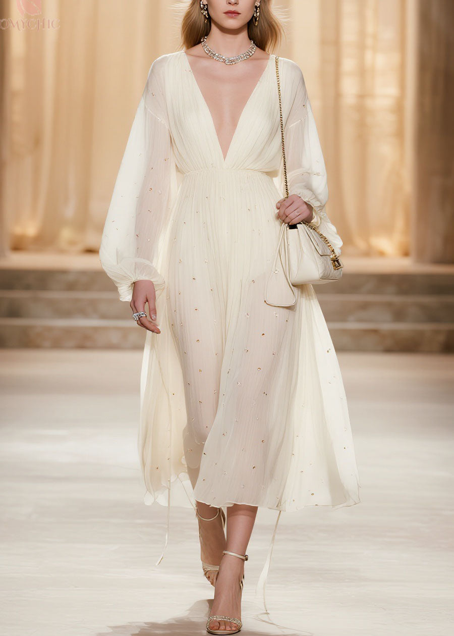 Classy White V Neck Wrinkled Zircon Chiffon Dresses Spring