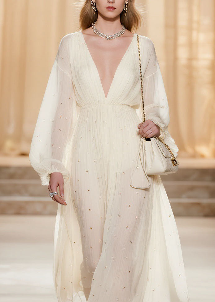 Classy White V Neck Wrinkled Zircon Chiffon Dresses Spring