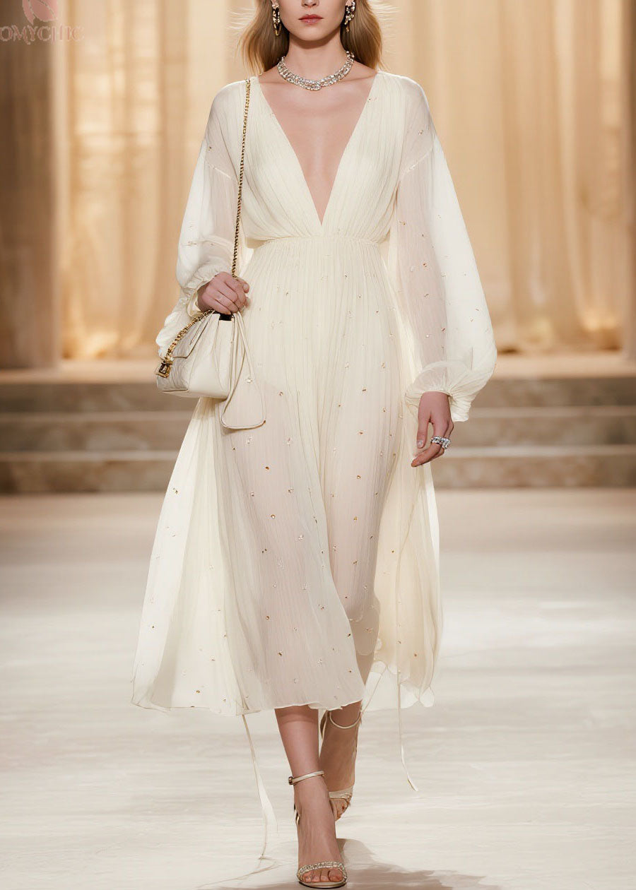 Classy White V Neck Wrinkled Zircon Chiffon Dresses Spring