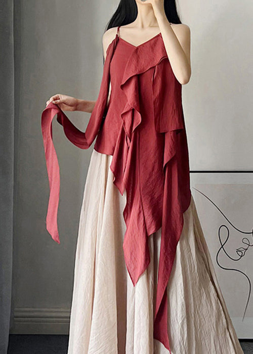 Classy Wine Red Asymmetrical Solid Cotton Spaghetti Strap Tank Sleeveless
