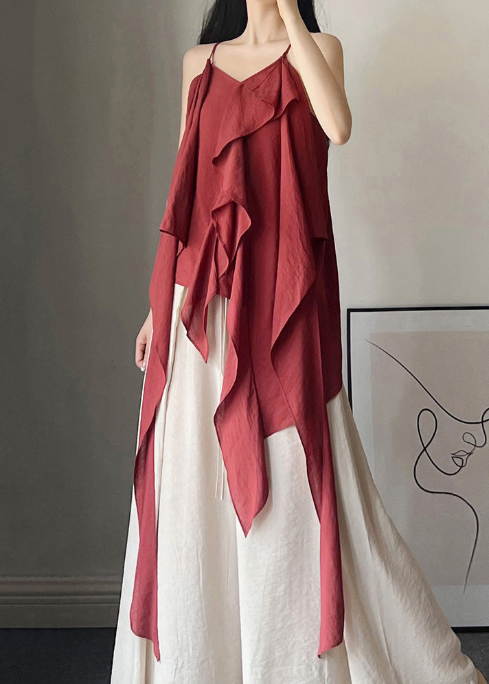 Classy Wine Red Asymmetrical Solid Cotton Spaghetti Strap Tank Sleeveless