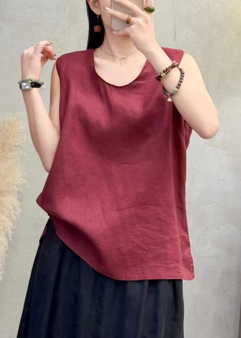 Classy Wine Red Side Open Solid Linen Tops Sleeveless