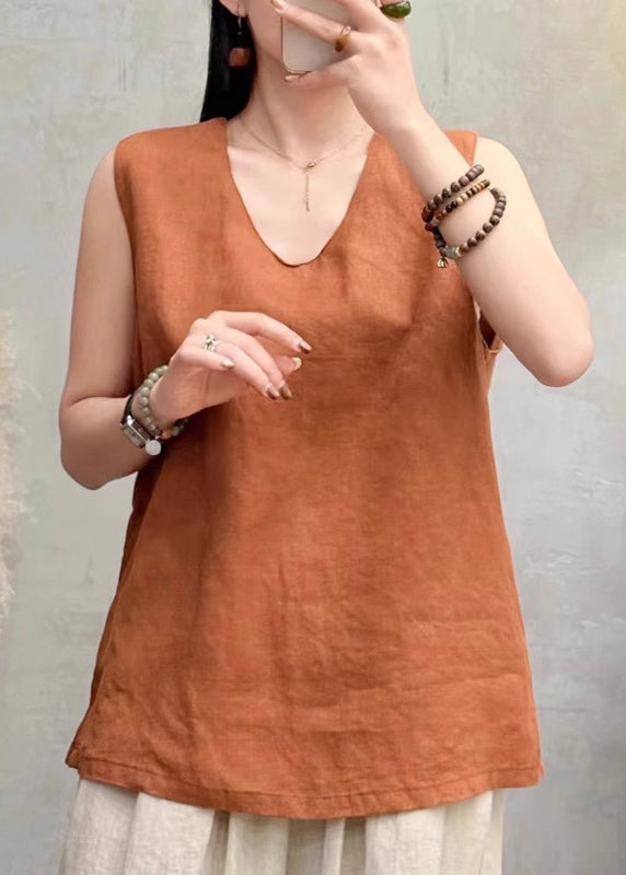 Classy Wine Red Side Open Solid Linen Tops Sleeveless