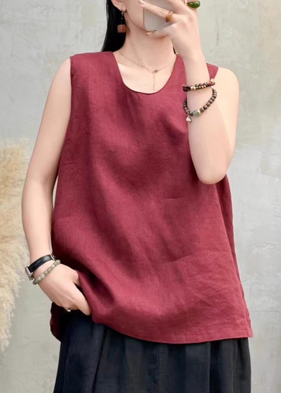 Classy Wine Red Side Open Solid Linen Tops Sleeveless