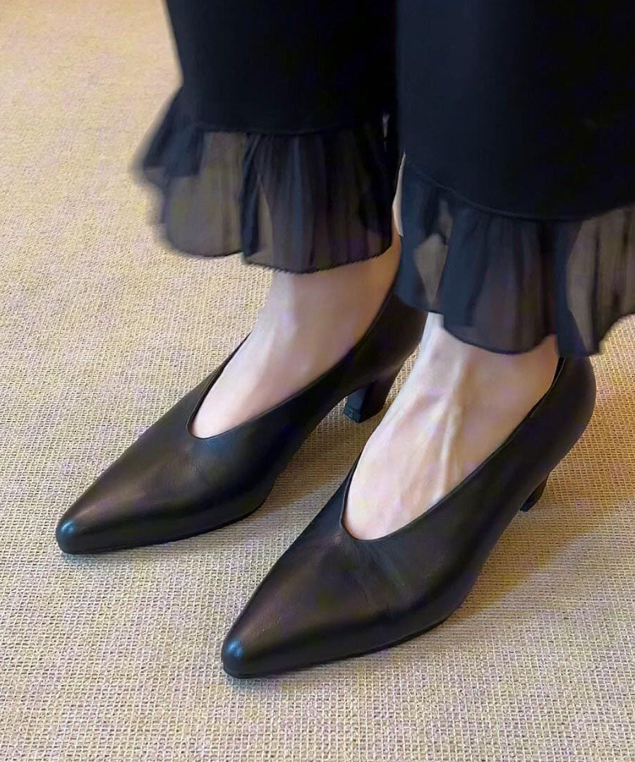Classy Women Splicing Chunky High Heels Coffee Cowhide Leather Pointed Toe