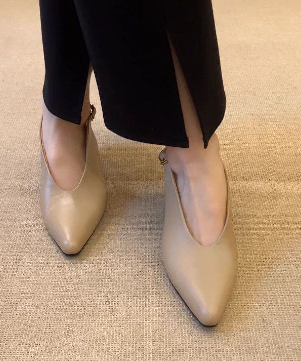 Classy Women Splicing Chunky High Heels Coffee Cowhide Leather Pointed Toe