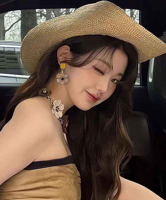 Classy Yellow Copper Overgild Crystal Floral Drop Earrings