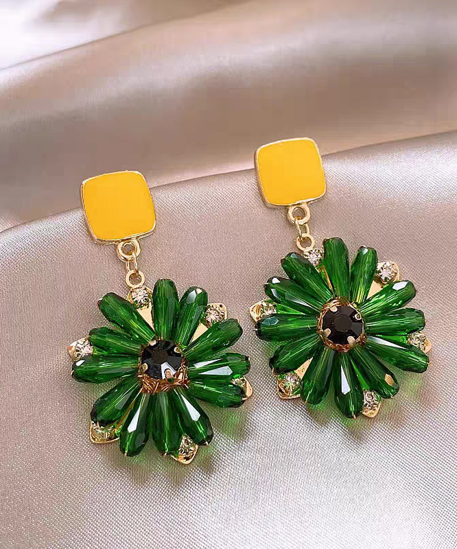 Classy Yellow Copper Overgild Crystal Floral Drop Earrings