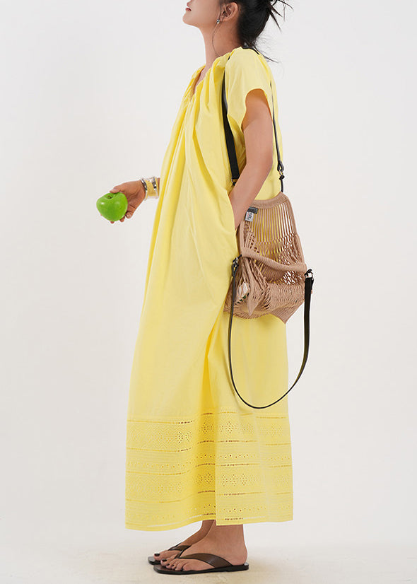 Classy Yellow Embroidered Hollow Out Cotton Holiday Dress Summer