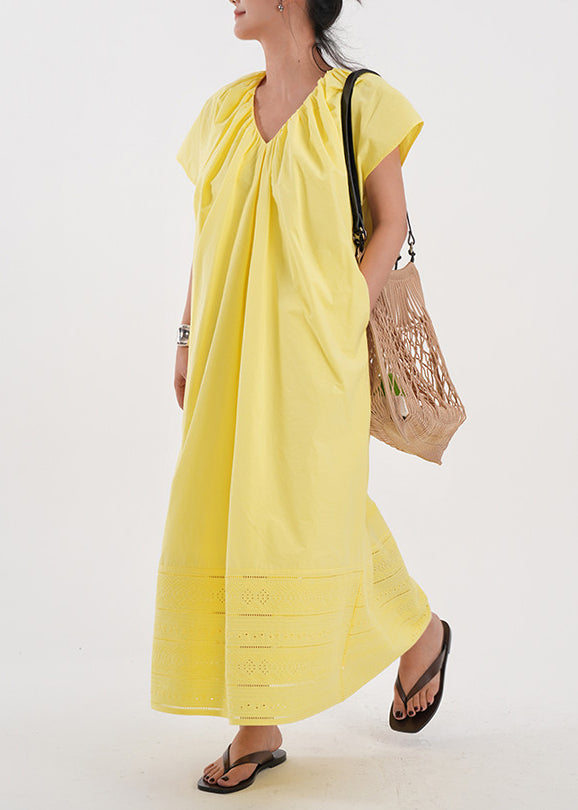 Classy Yellow Embroidered Hollow Out Cotton Holiday Dress Summer