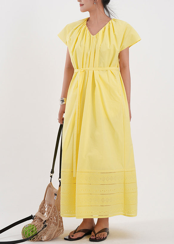 Classy Yellow Embroidered Hollow Out Cotton Holiday Dress Summer