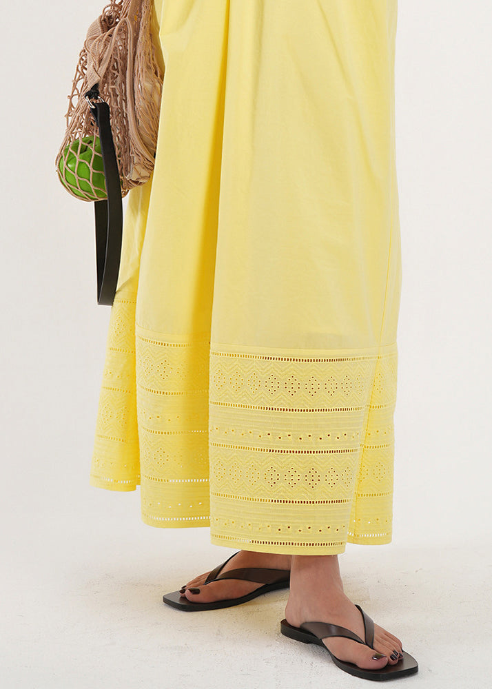 Classy Yellow Embroidered Hollow Out Cotton Holiday Dress Summer