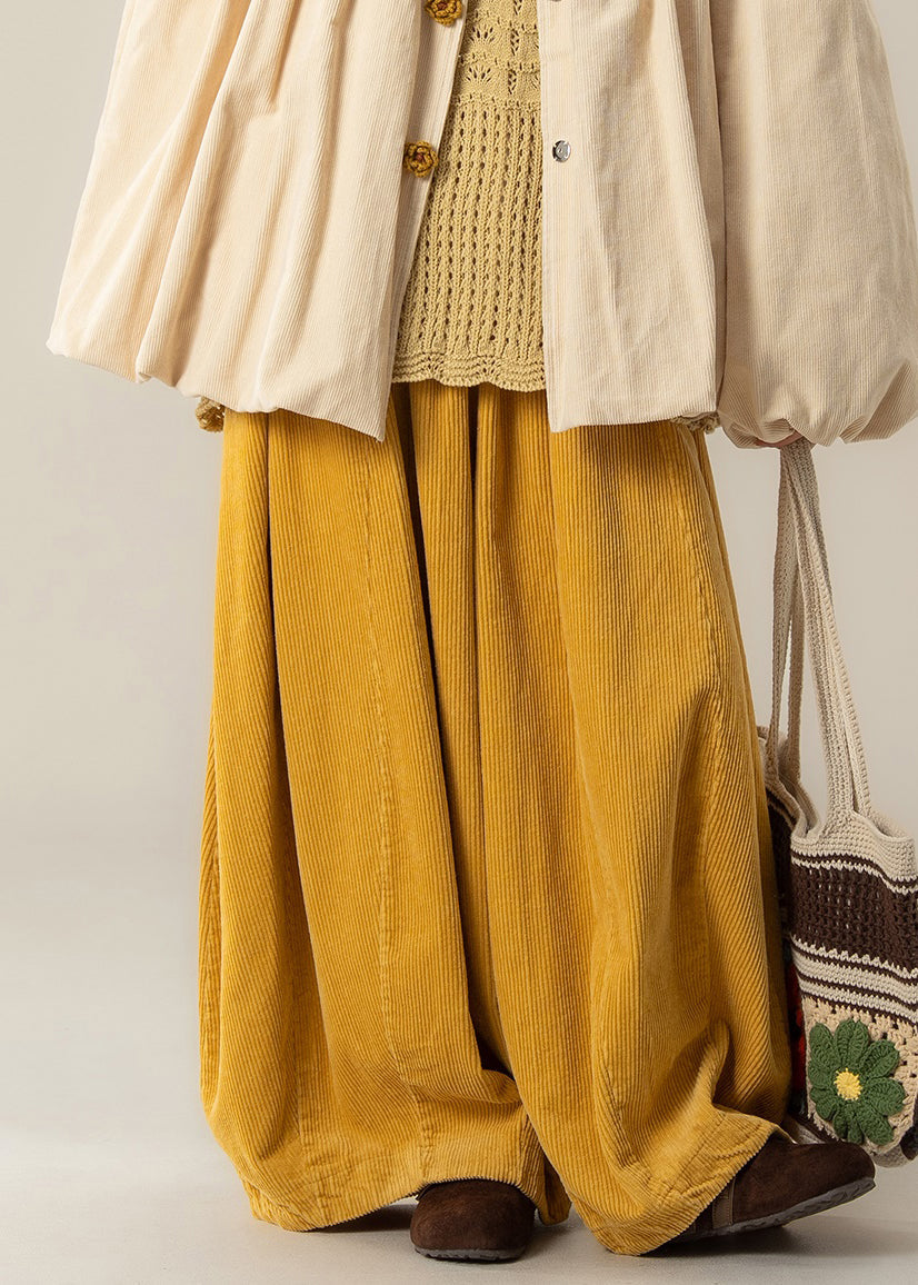 Classy Yellow High Waist Solid Corduroy Wide Leg Pants