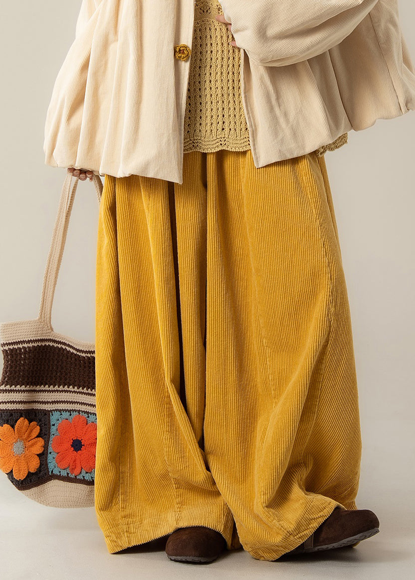 Classy Yellow High Waist Solid Corduroy Wide Leg Pants